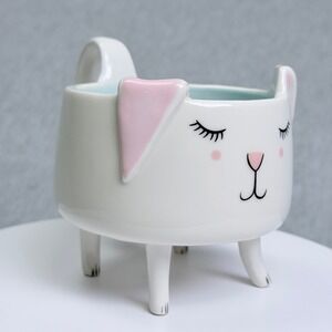 Arlington Designs Cat Mug Pink Ears Aqua Interior Footed Tail Handle Ceramic